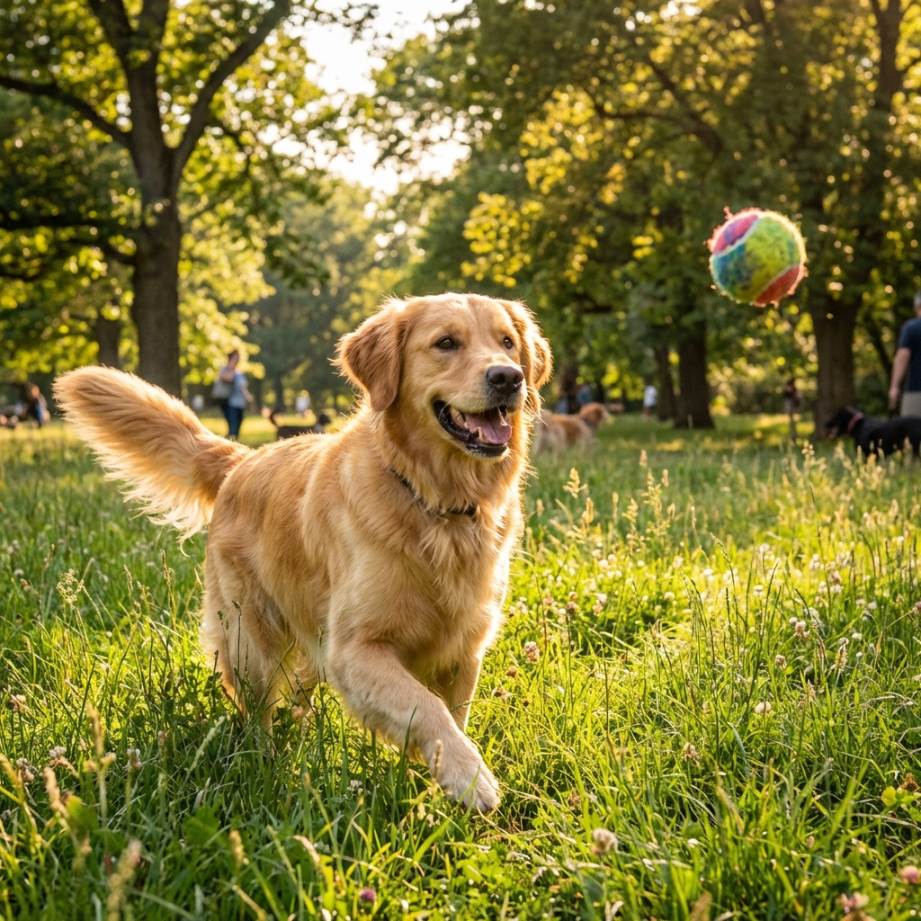 Happy golden retriever playing