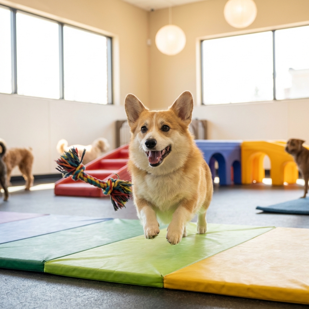 Playful corgi at daycare